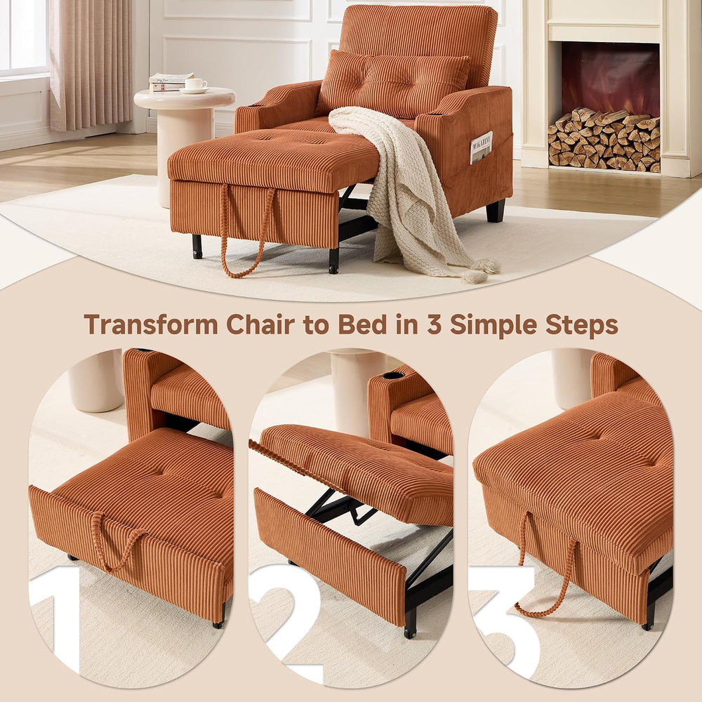 3 in 1 Convertible Sleeper Chair, Corduroy Single Sleeper Sofa Bed, Pull Out ...