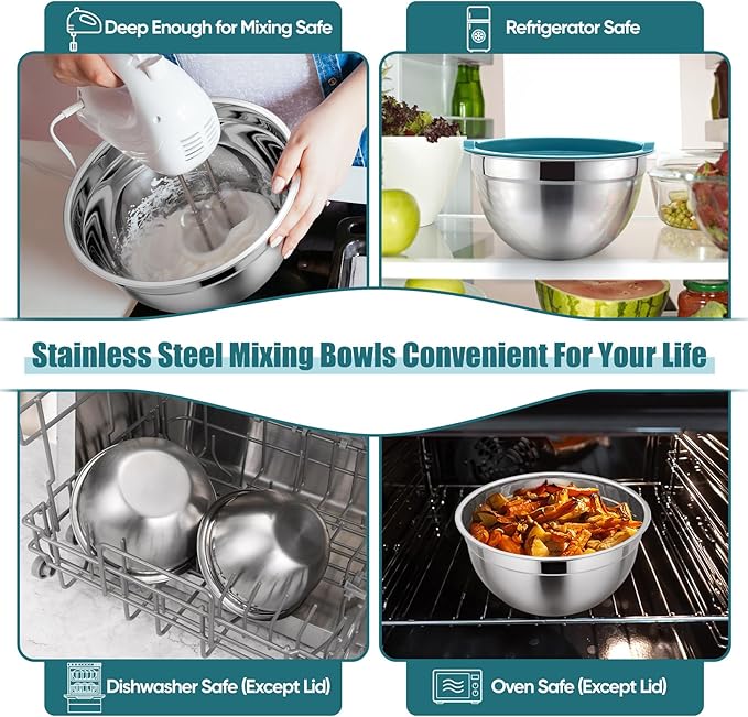P&P CHEF Mixing Bowls with Airtight Lids Set of 5, 10-Piece Stainless Steel - Image 6