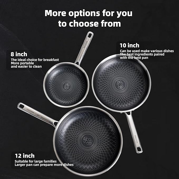 Non Stick Frying Pan with 3 Lids, 8+10+12 Inch, Hybrid Frying Pans Set Nonstick - Image 2
