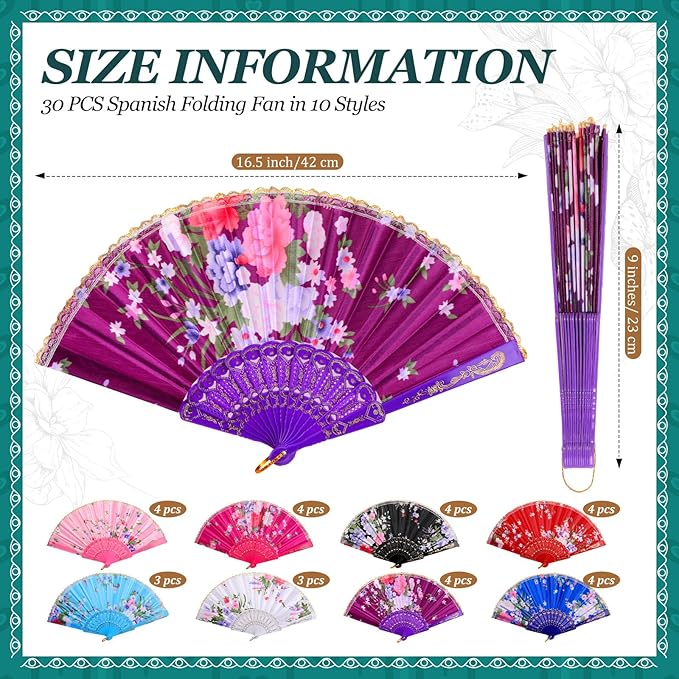 Geetery 30 Pcs Folding Hand Fan for Line Dancing Spanish Boots on The Ground Fans Gifts Bulk Colorful Silk Popping Rave for Women Tea Party Wedding Church Halloween Costume(Floral,Classic Colors)