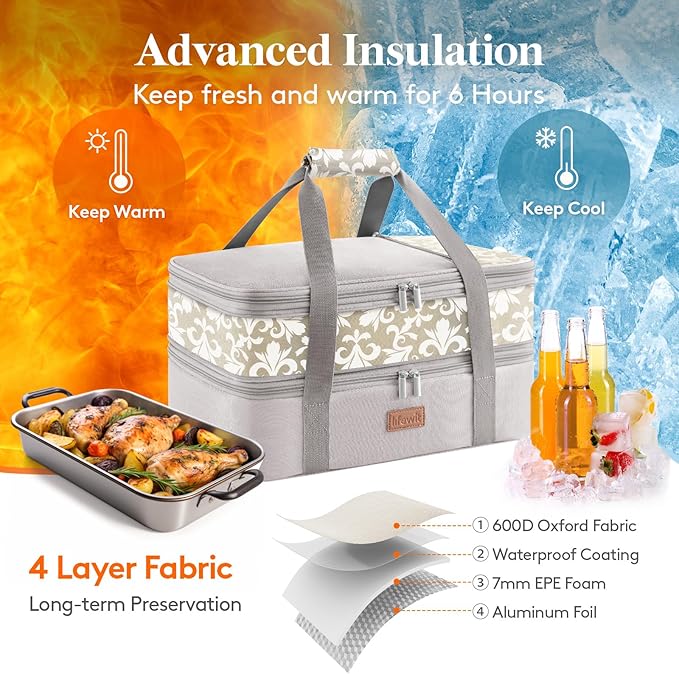 Lifewit Insulated Double Decker Casserole Carrier, Expandable Lasagna Lugger - Image 3