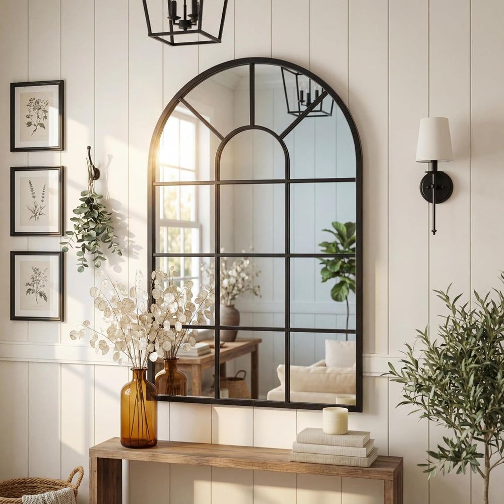 Black Arched Window Mirror | Farmhouse Decorative Wall Mirrors for Living Roo...