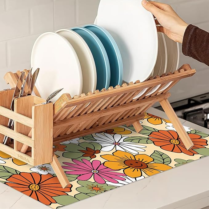 Retro 70s Groovy Flowers Dish Drying Mats 18x24 Inch, Daisy Boho Dish Pad - Image 7