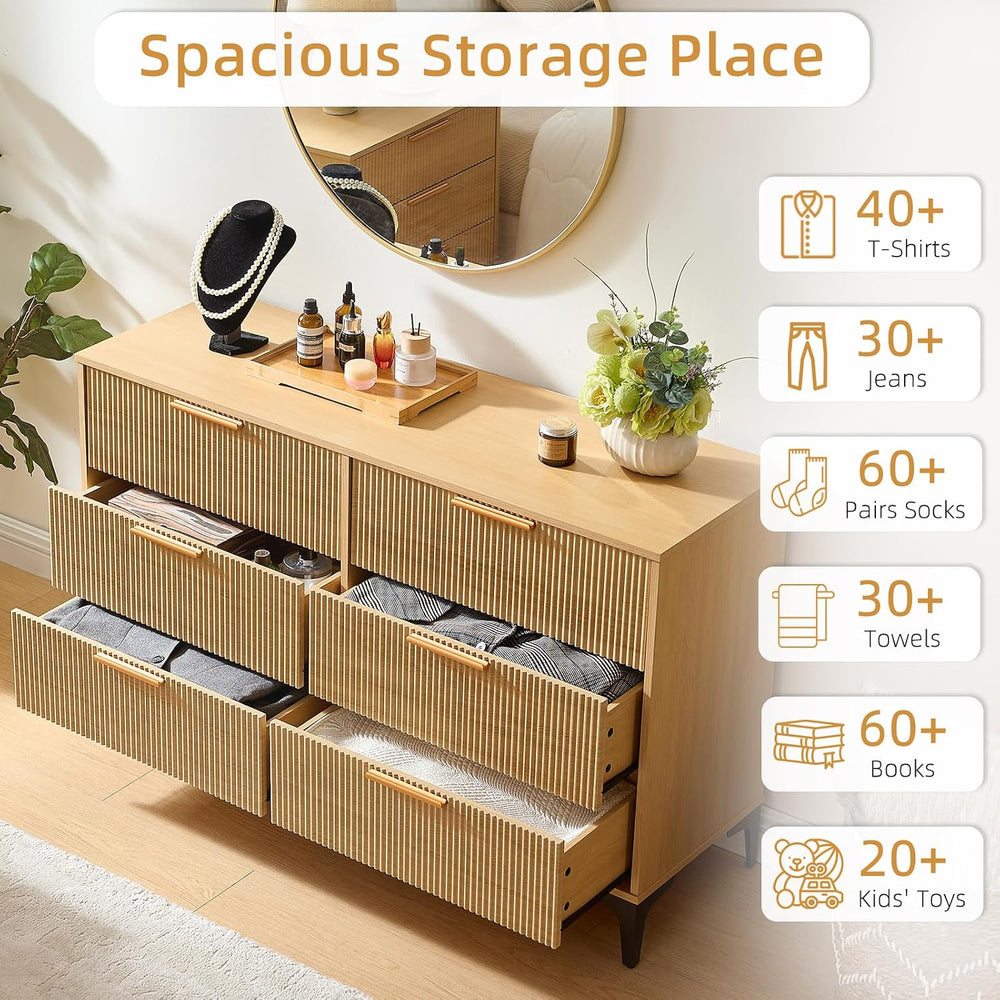 3 Pieces Dresser Bedroom Set, 6 Drawer Dresser & 3 Drawer Nightstand of 2
