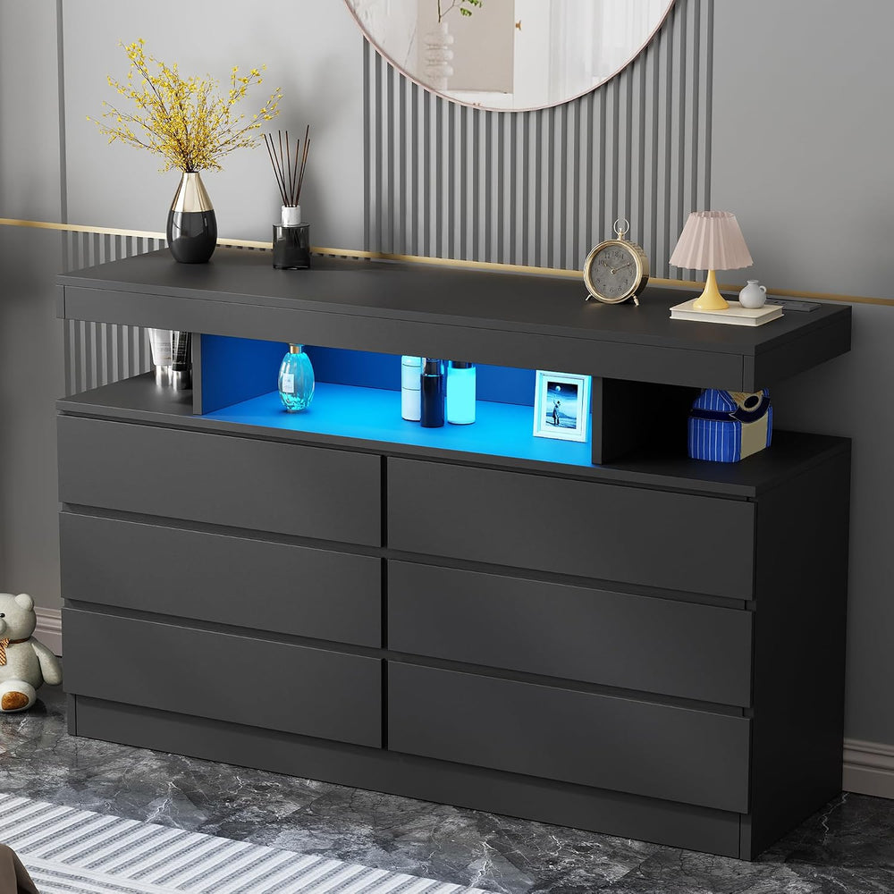 BEWISHOME Black Dresser for Bedroom with Charging Station and LED Lights