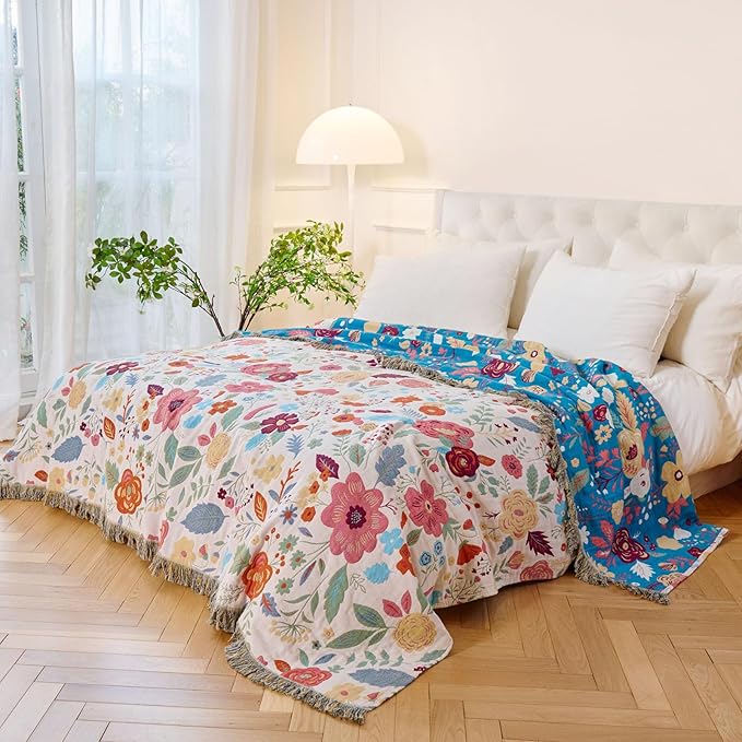 MSGKV Boho Throw Blanket for Couch 100% Cotton Floral Blanket 50"x60" Sofa Bed - Image 5