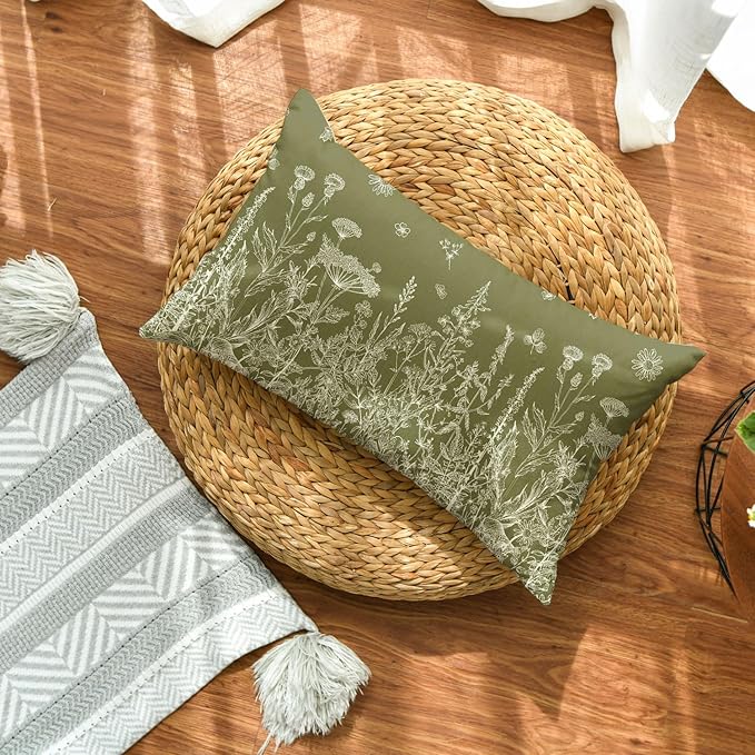 AVOIN colorlife Wildflowers Spring Moss Green Throw Pillow Cover, 12 x 20 Inch - Image 2