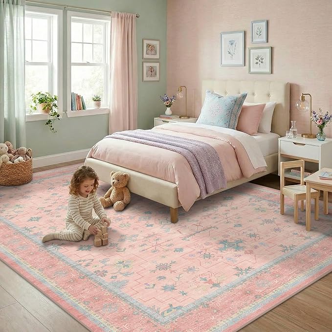 Washable Pink and Blue 6x8 Boho Rugs by HazoHaus