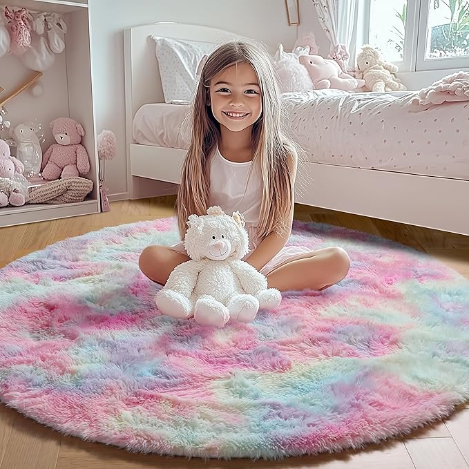 ONASAR Rainbow Round Rugs 6ft for Living Room Bedroom, Fluffy Circle Area Rug - Image 9