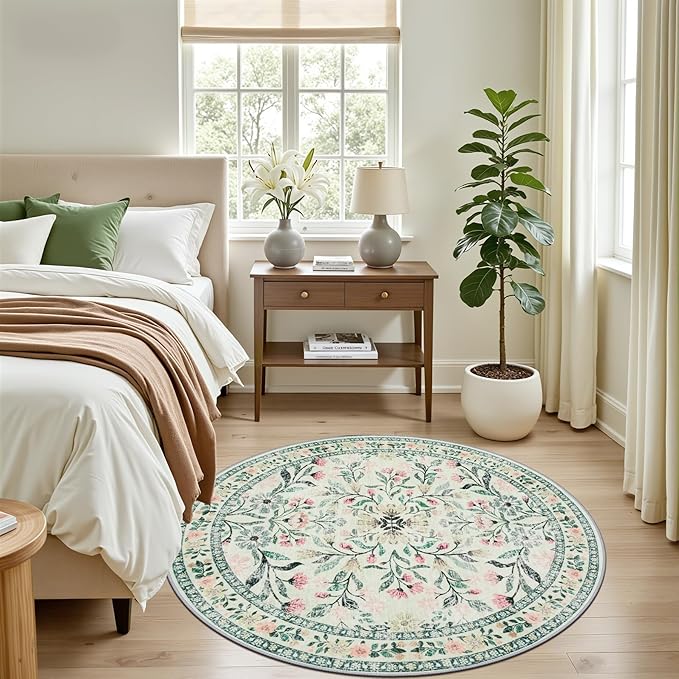 Round Area Rug for Living Room: 4 ft Floral Washable Circle Rug Soft Non-Slip - Image 3