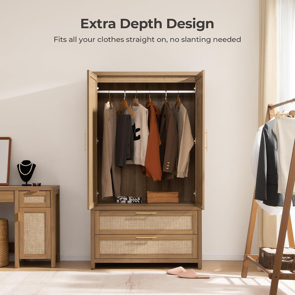 SICOTAS Rattan Armoire Wardrobe Closet : 71 inch Wardrobe with Drawers