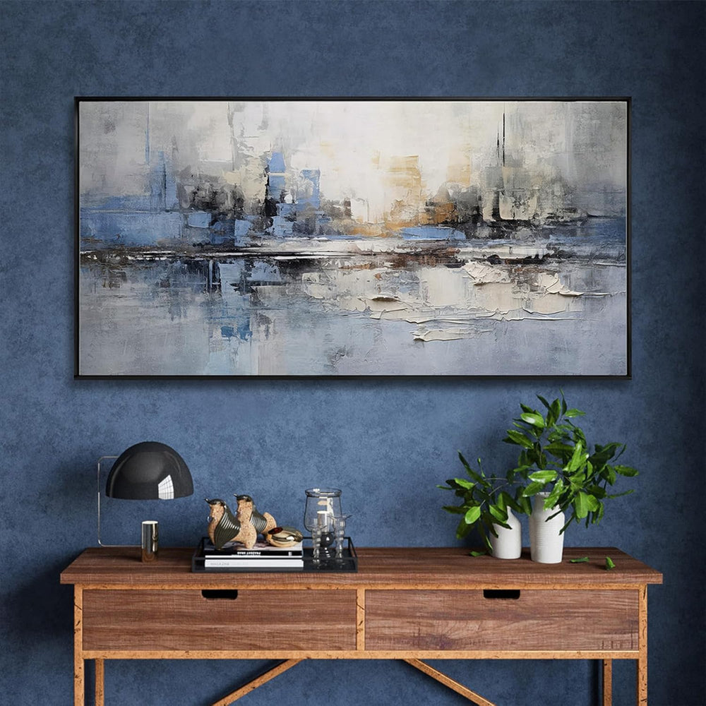 Abstract Wall Art Blue and White Reflection Large Size Framed Artwork Wall De...
