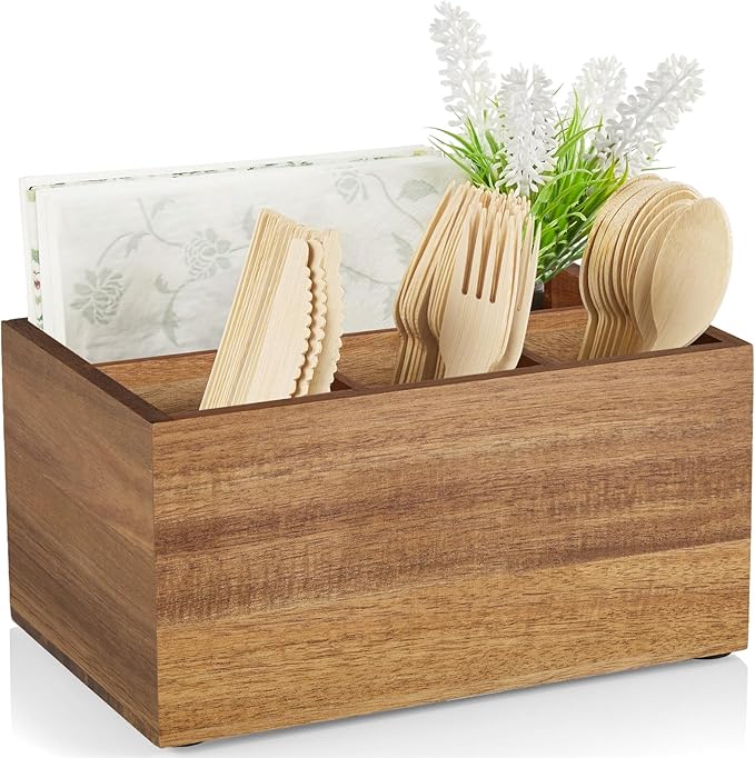 DRASTAR Utensil Caddy, Acacia Wood Silverware Holder, Cutlery Storage Containers by EnhanceYourDailyLife