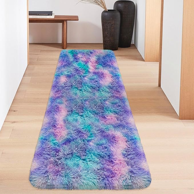 Super Soft Fluffy Living Room Area Rug 2x6 ft Purple Rainbow Tie-Dyed Shaggy - Image 2