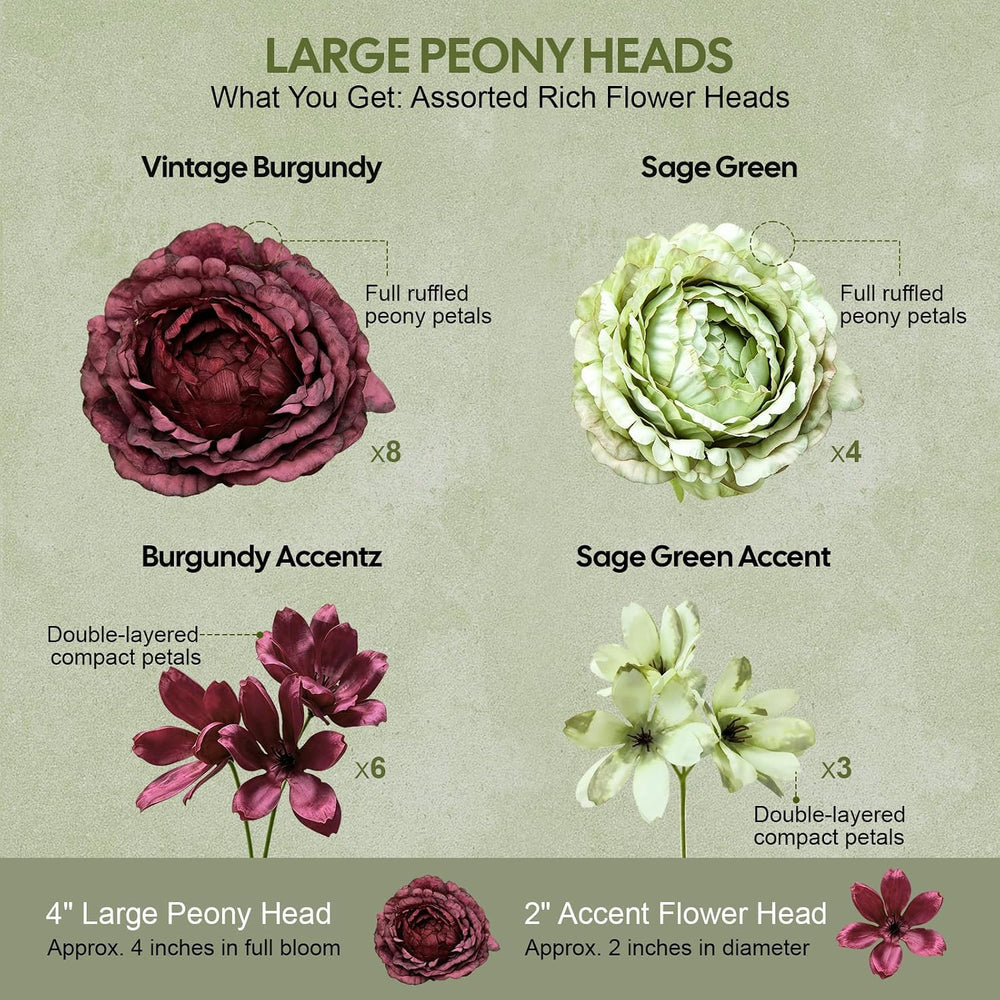 Burgundy Peonies Artificial Flowers Faux Fall Bouquet 17" for Vase, 3 PCS