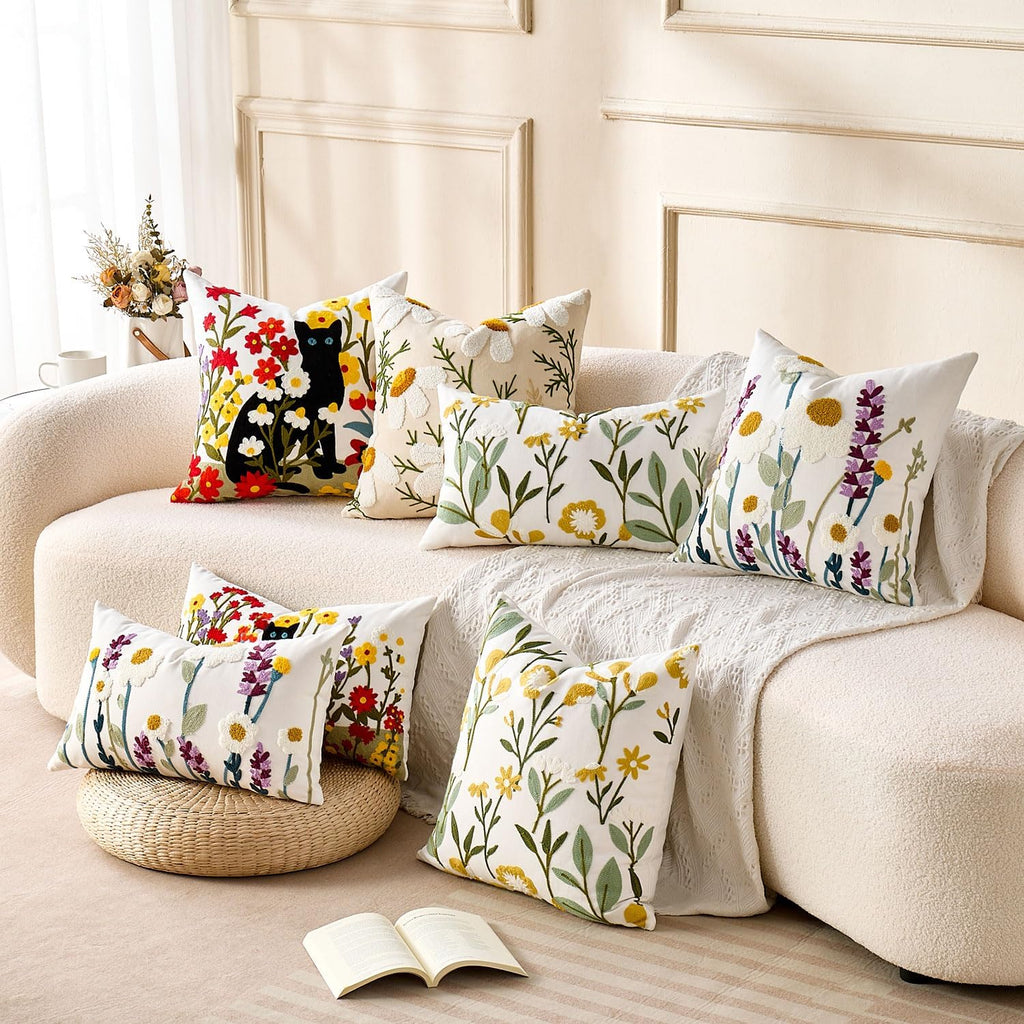 Embroidered Floral Throw Pillow Covers Summer Decorative Couch Pillow Covers Farmhouse Green Floral Tufted Pillow Covers 20x20 Square Cushion Cases Set of 2 for Living Room Couch Sofa Bed Home Decor