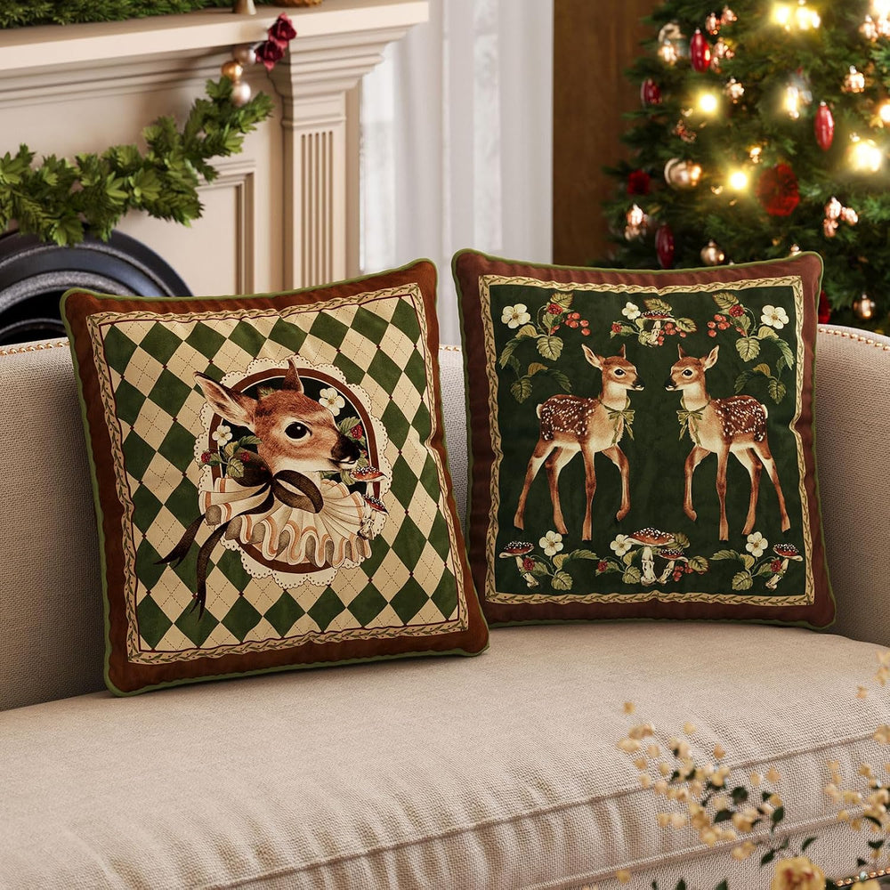 Vintage Christmas Pillow Cover 18x18, Holly Deer