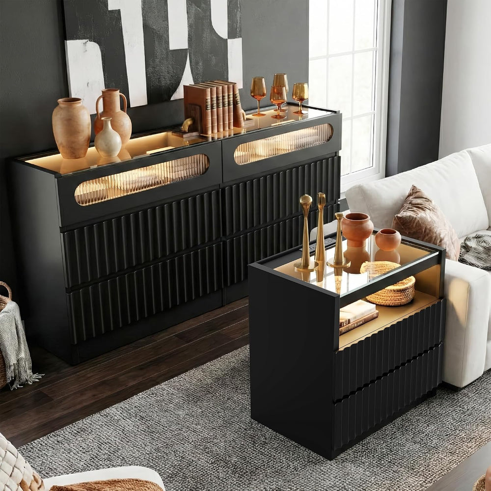 senlin Fluted 6 Drawer Dresser,Modern Chest of Drawers,Black