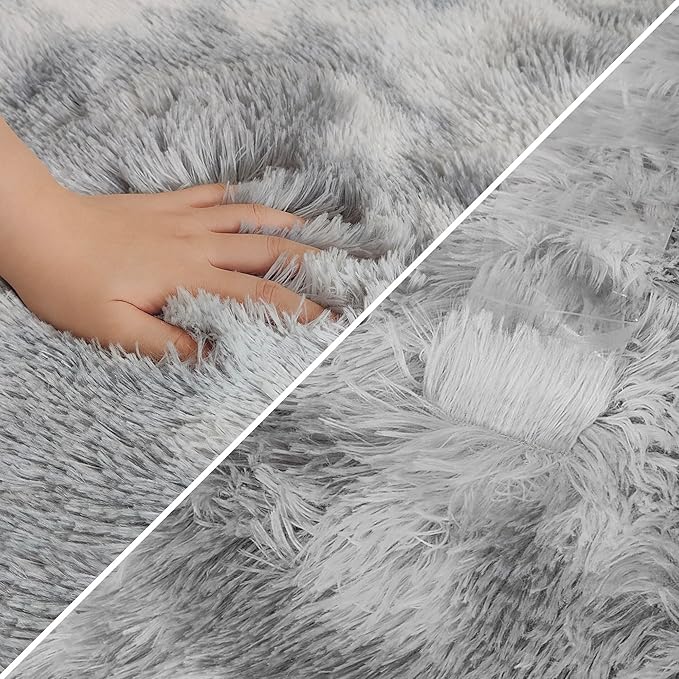 Super Soft Fluffy Living Room Area Rug 2x6 ft Tie-Dyed Light Grey Shaggy Furry - Image 6