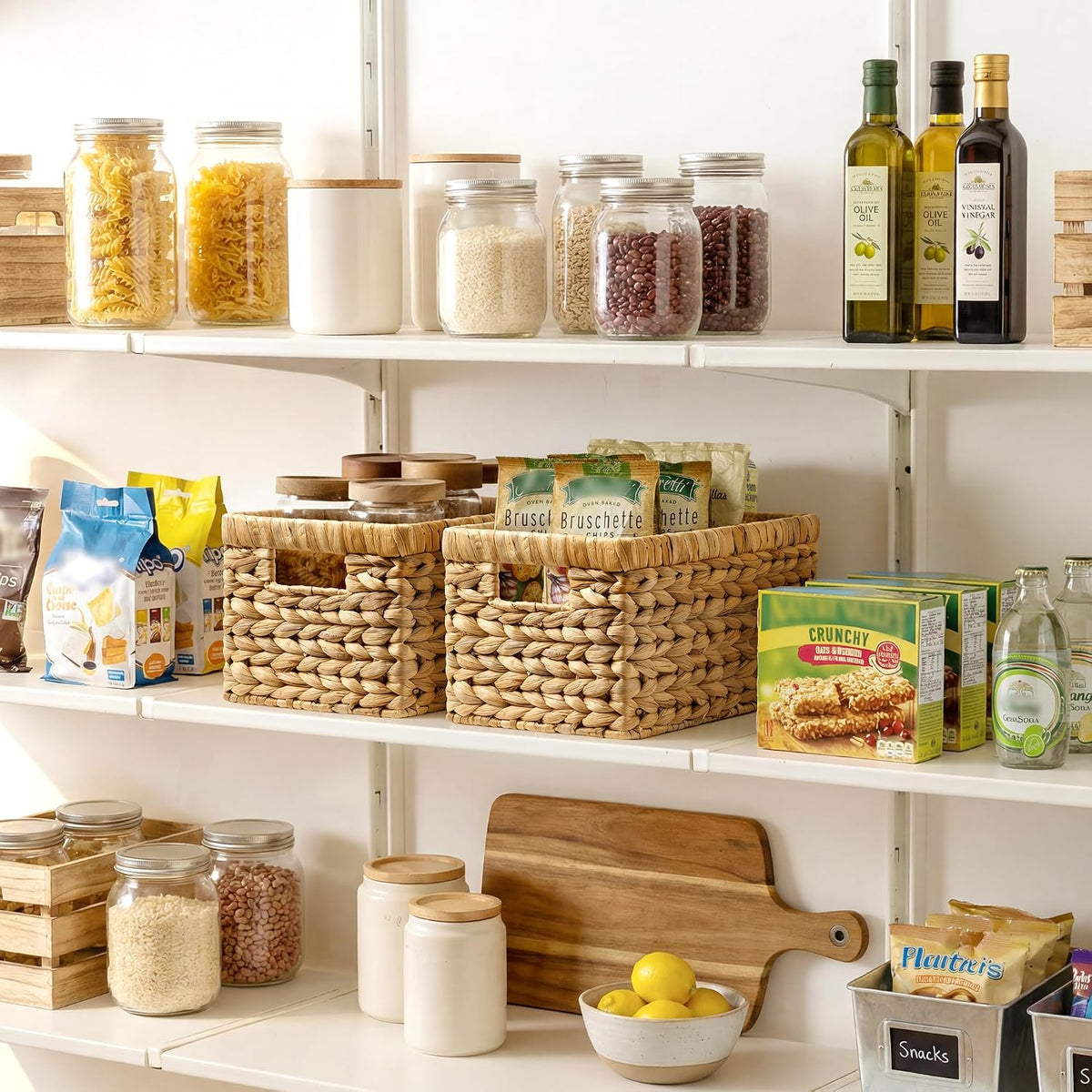 storageworks wicker baskets, wicker storage baskets for shelves shown in use
