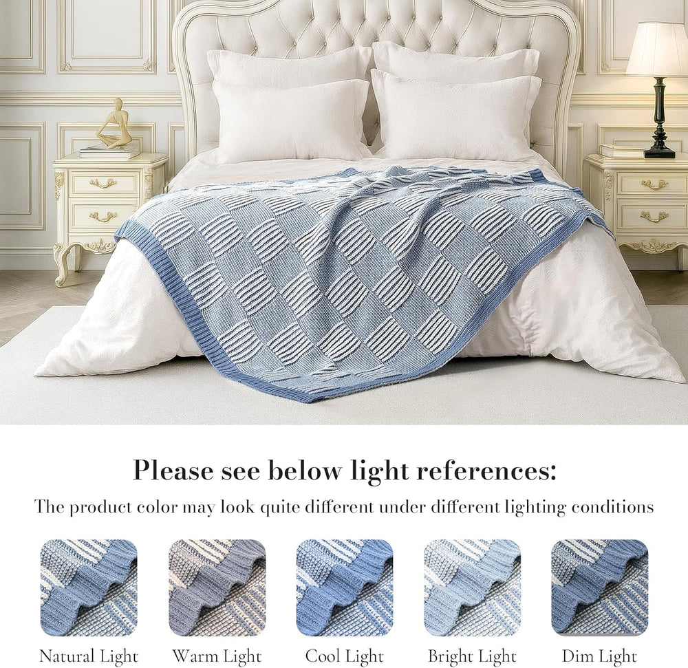 Amélie Home Checkered Knit Throw Blanket for Couch, Blue 50"x60"