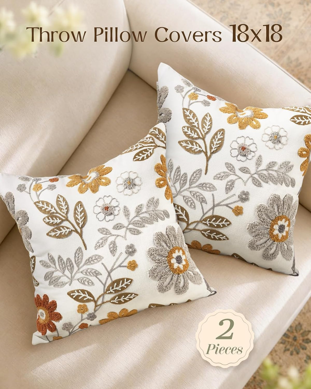 Fall Embroidered Throw Pillow Covers 18x18, Set of 2, Amber Blooms