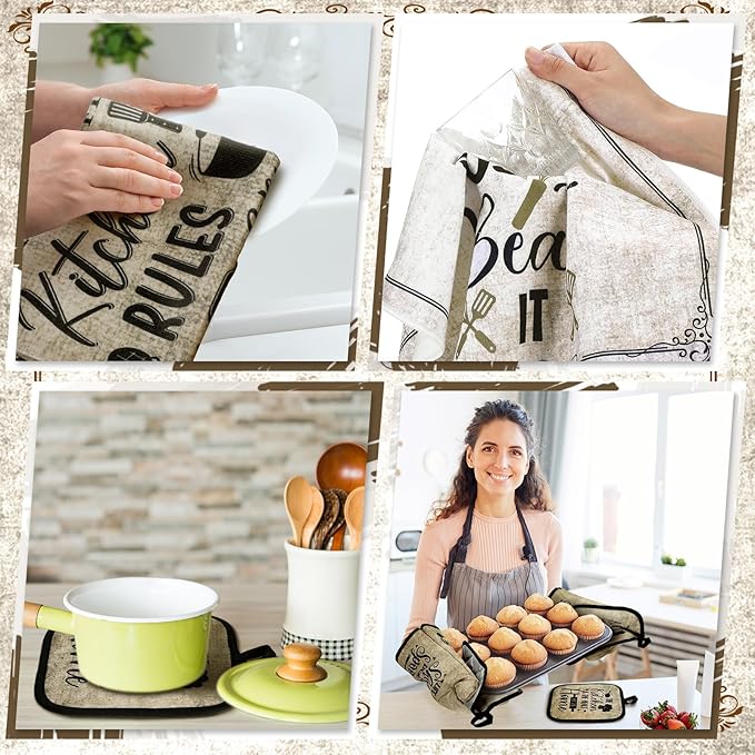 Fourluoo 10 Pcs Attractive Style Kitchen Dish Towels Rugs Oven Mitts and Pot - Image 6