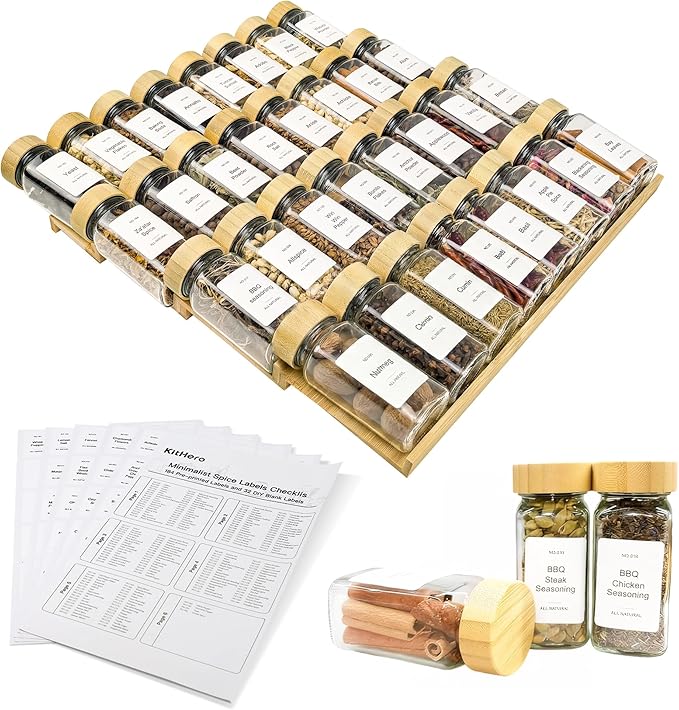 Spice Drawer Organizer with 35 Bamboo-lidded Spice Jars, 216 Labels, 25 by KitHero
