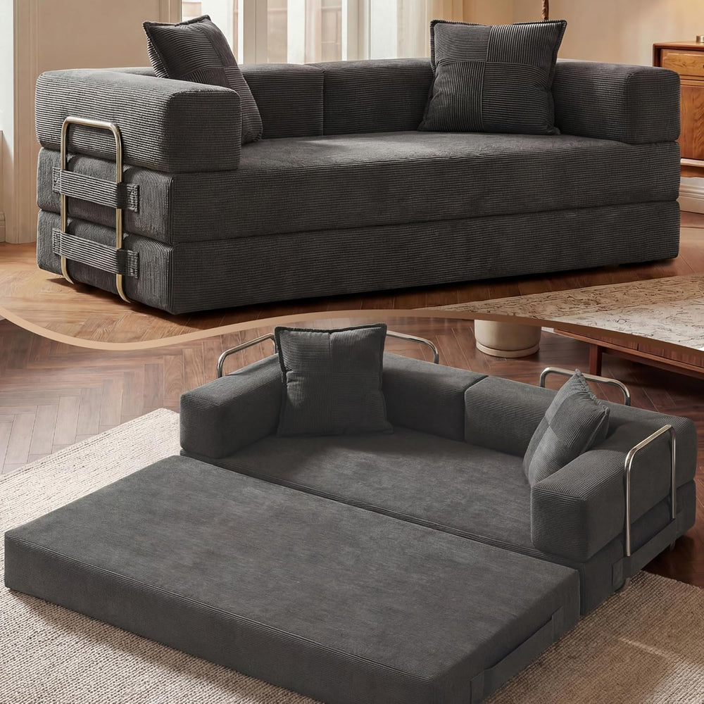GRUSIGN 78" 5-in-1 Convertible Futon Sofa Bed, Boneless Corduroy, Gray