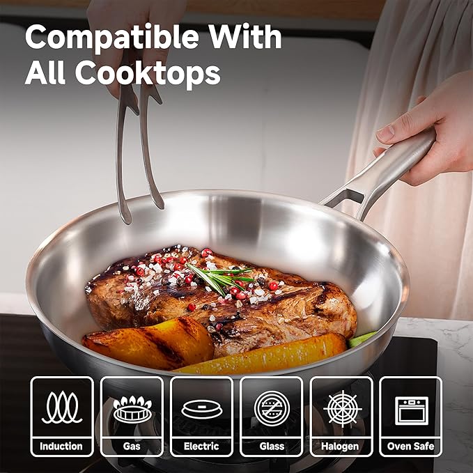 Chef's Frying Pan 12 Inch Set of 2, Tri-Ply Clad Stainless Steel Skillet - Image 4