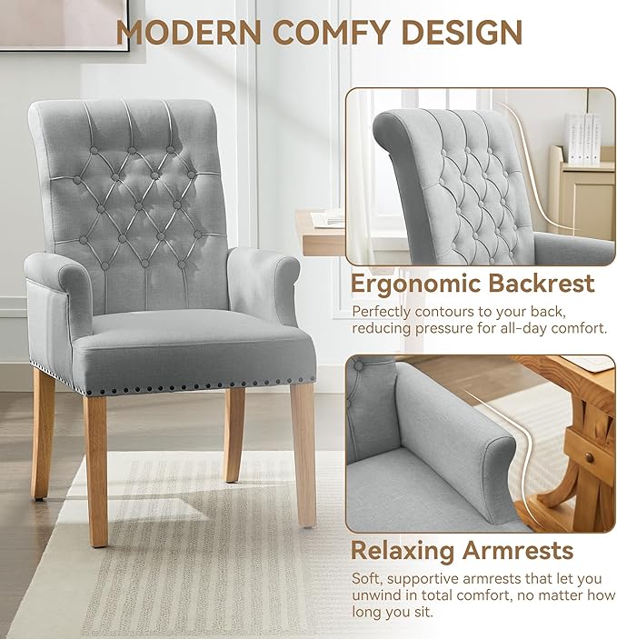 Fabric Dining Chair with Arms, Upholstered Tufted High Back Dining Room Chair...