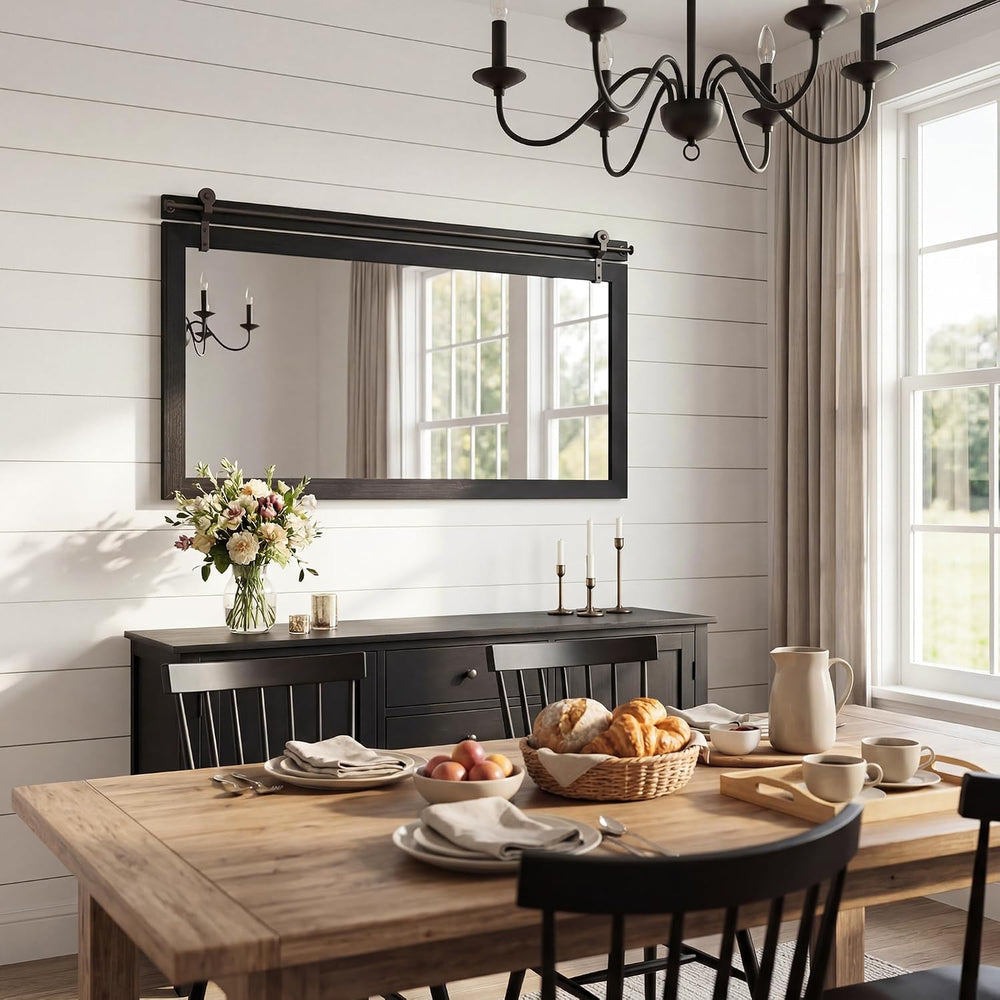 27"x49" Black Wood Grain Barn Door Wall Mirror with Wood Header