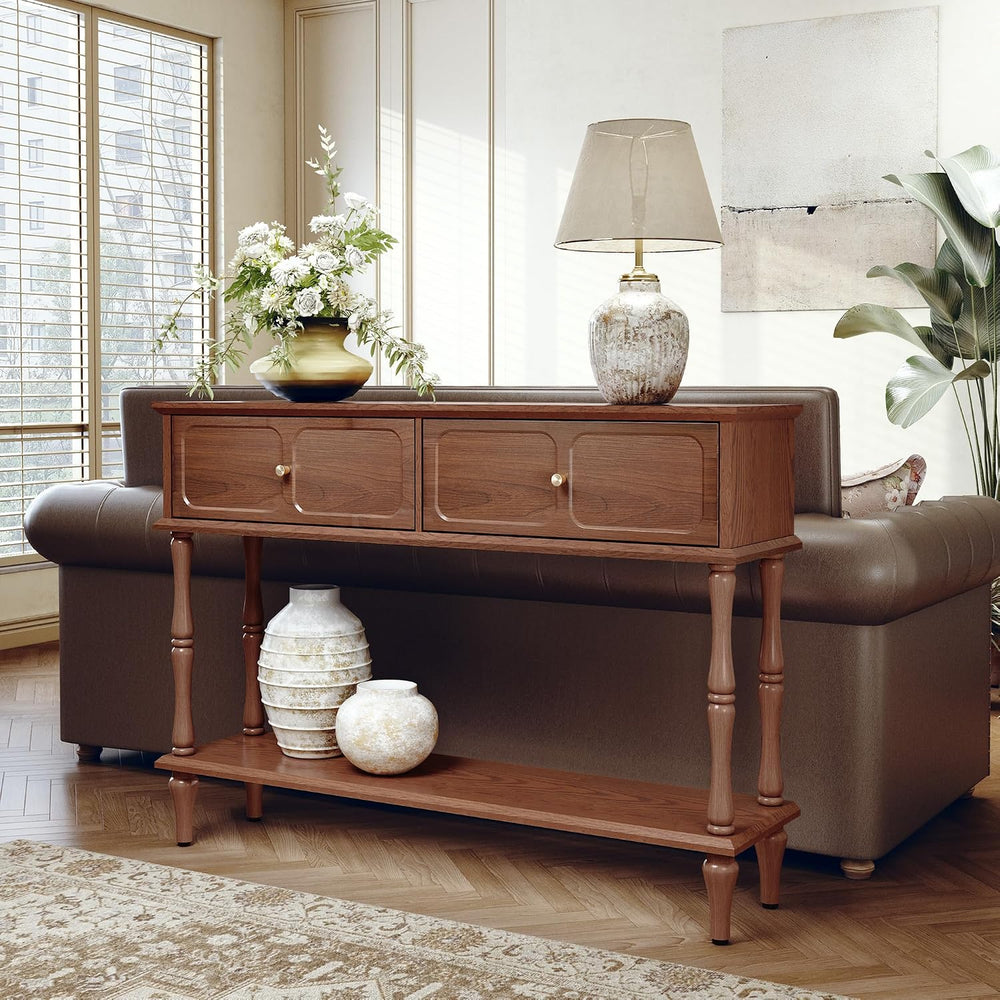 ARTPOWER 47" Mid-Century Console Table, 2 Drawers and Open Shelf, Brown