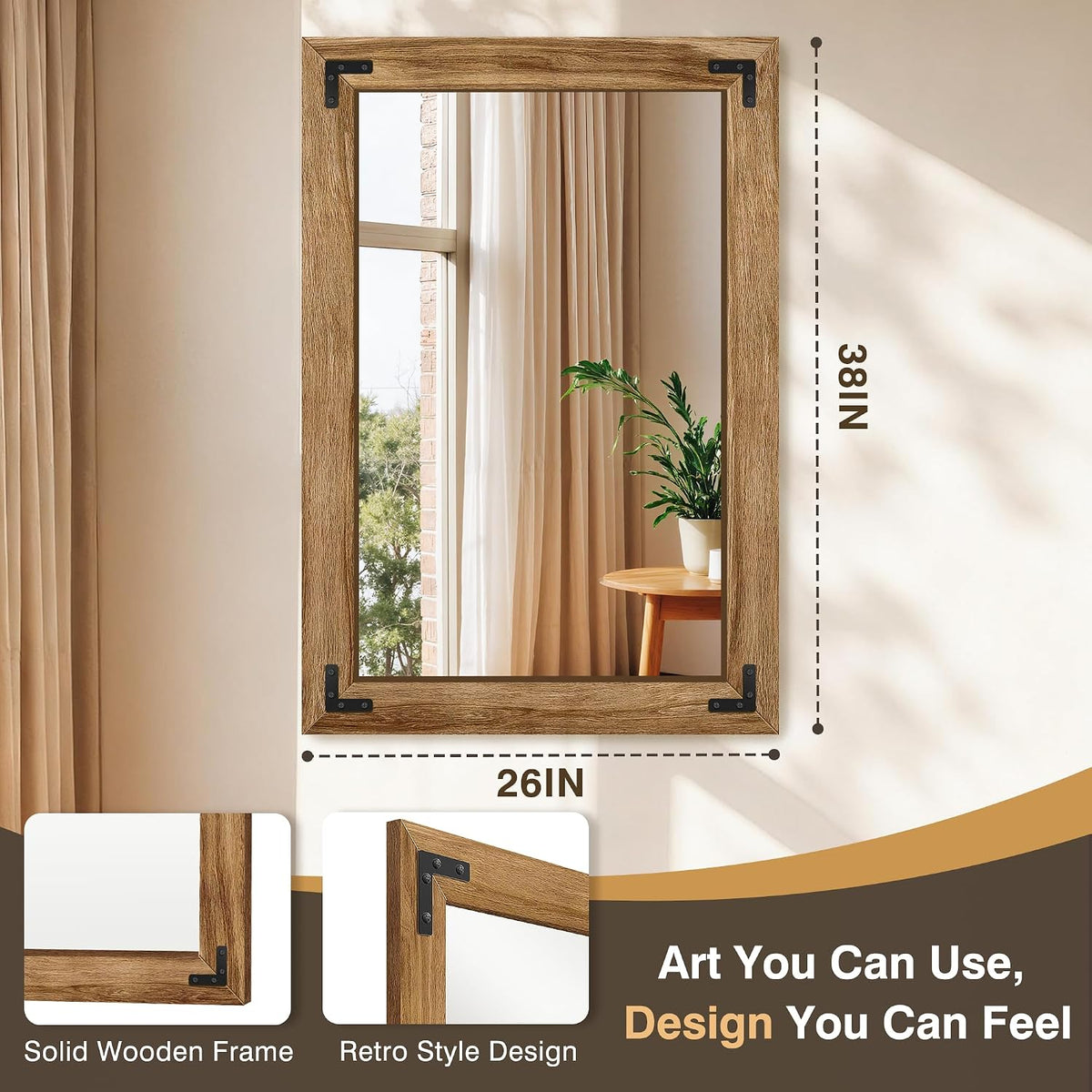 bathroom mirror for wall, 26" x 38" wooden shown in use