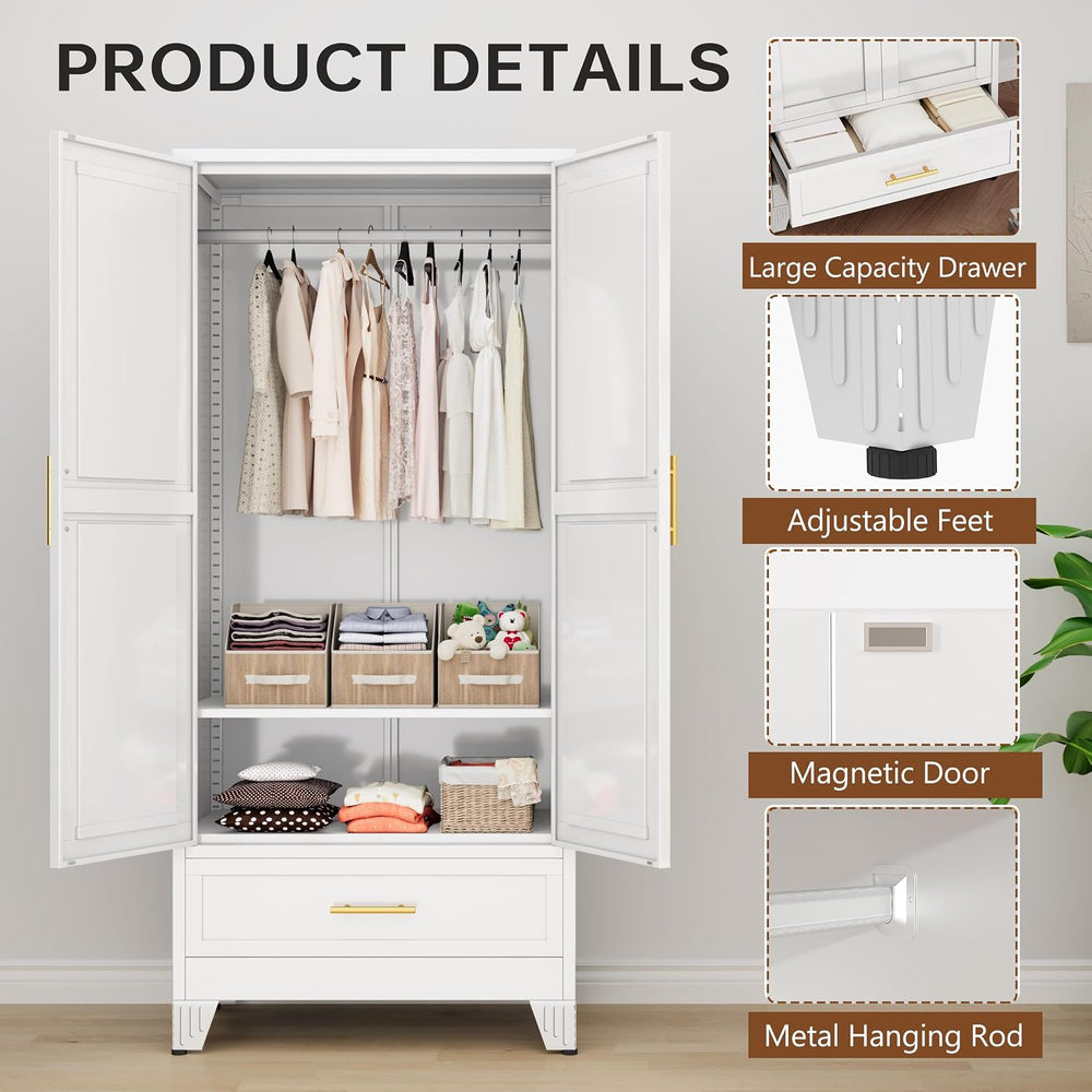 71" White Metal Tall Clothing Storage Armoire Wardrobe