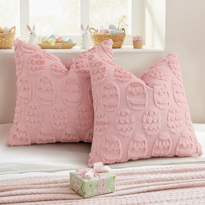 decorUhome Easter Pink Egg Pillow Covers 16x16 Inch Set of 2, Soft Plush Faux - Image 6
