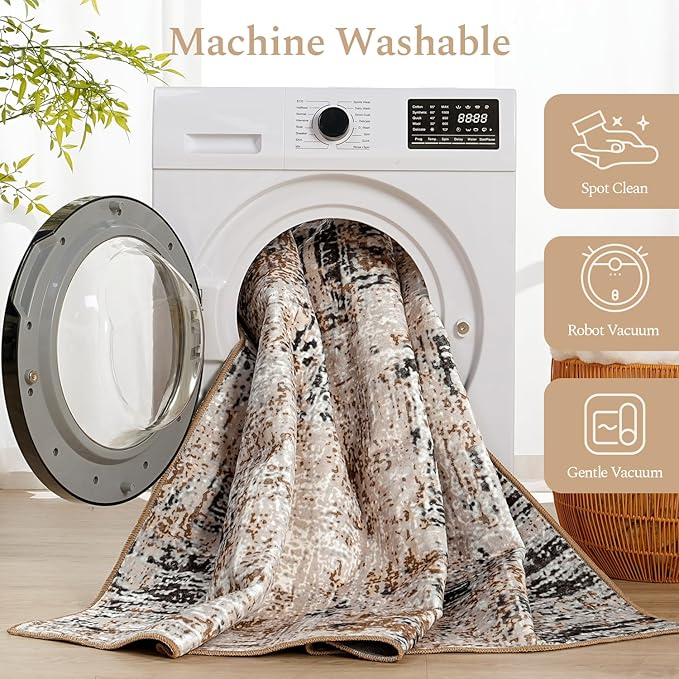 Rugflix 8x10 Washable Area Rugs, Neutral Boho Carpet Living Room Rug Non Slip