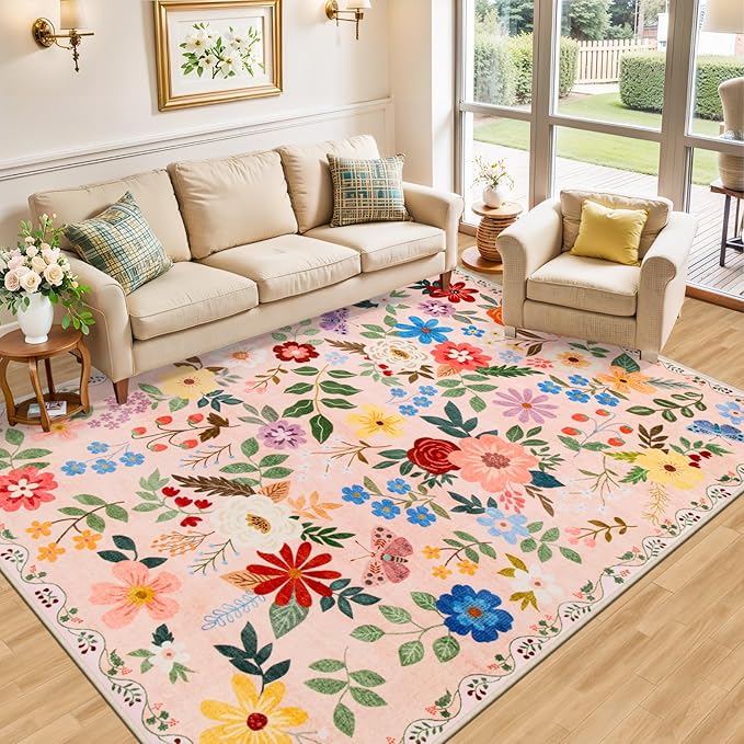 10x14 Area Rugs for Living Room: Floral Washable Rug Vintage Large Soft Boho - Image 2