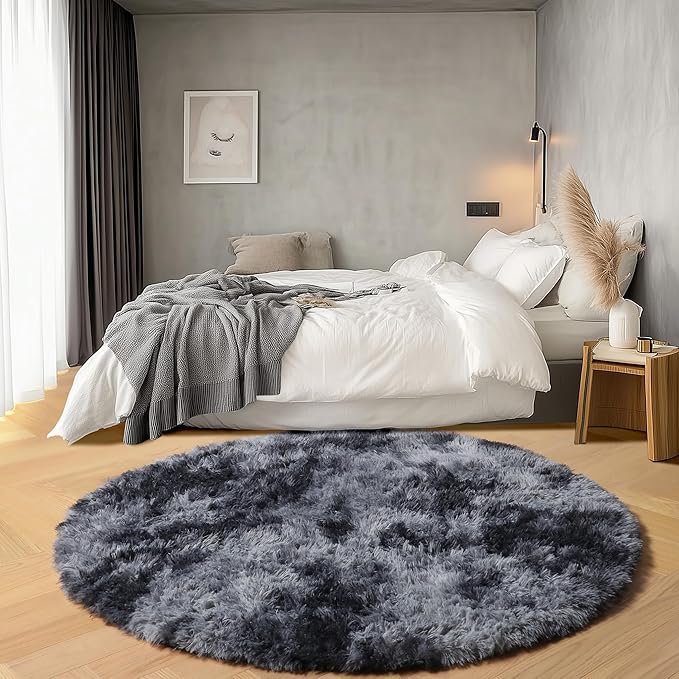 ONASAR Round Rugs 6ft for Living Room Bedroom, Tie-Dyed Dark Grey Fluffy Circle - Image 3