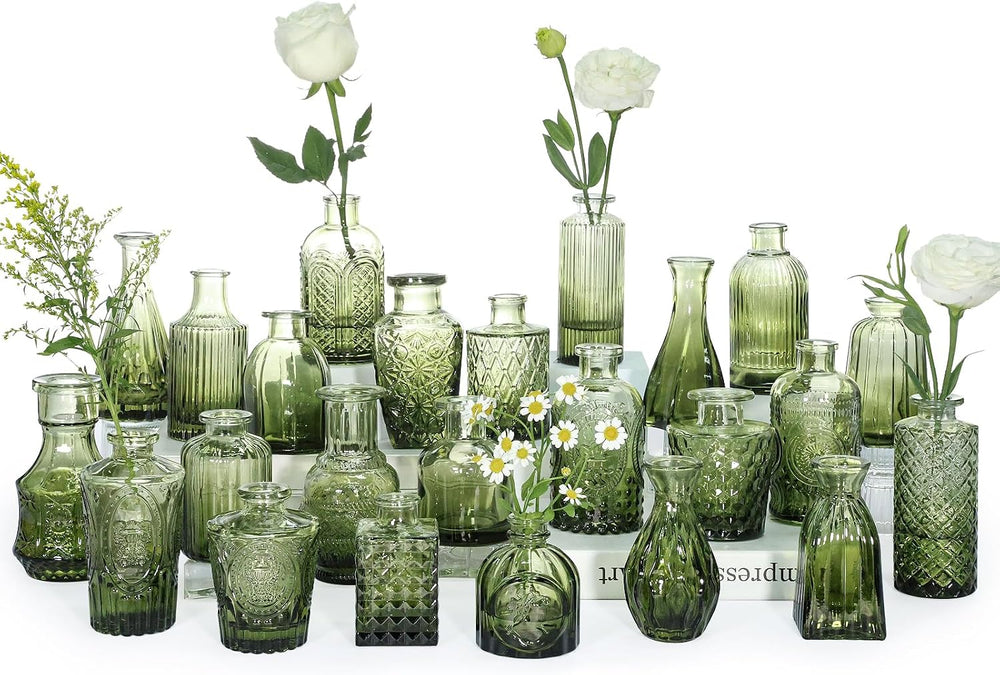 SUPMIND Glass Bud Vase Set of 24, Small Green Flower Vases for Centerpieces