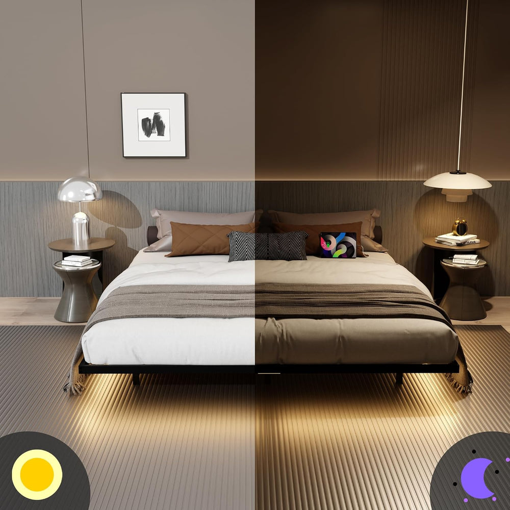 California king floating bed frame with Charging Station & Smart LED Lights