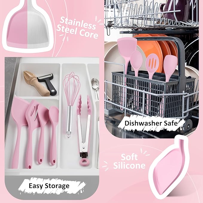 Silicone Cooking Utensils Set of 10, Leonyo Black Kitchen Utensils Set - Image 4