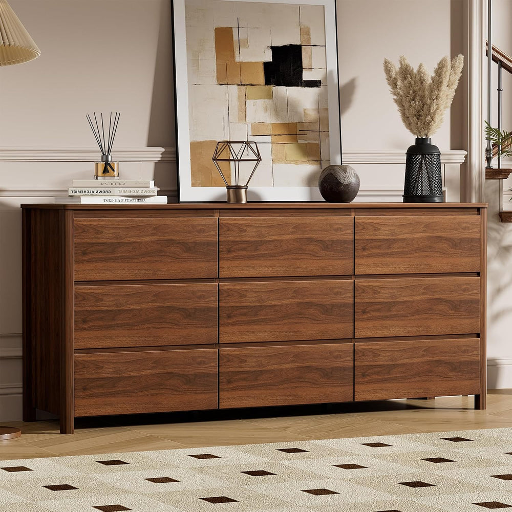 63" Wide 9 Drawer Wood Dresser for Bedroom with Legs, Walnut