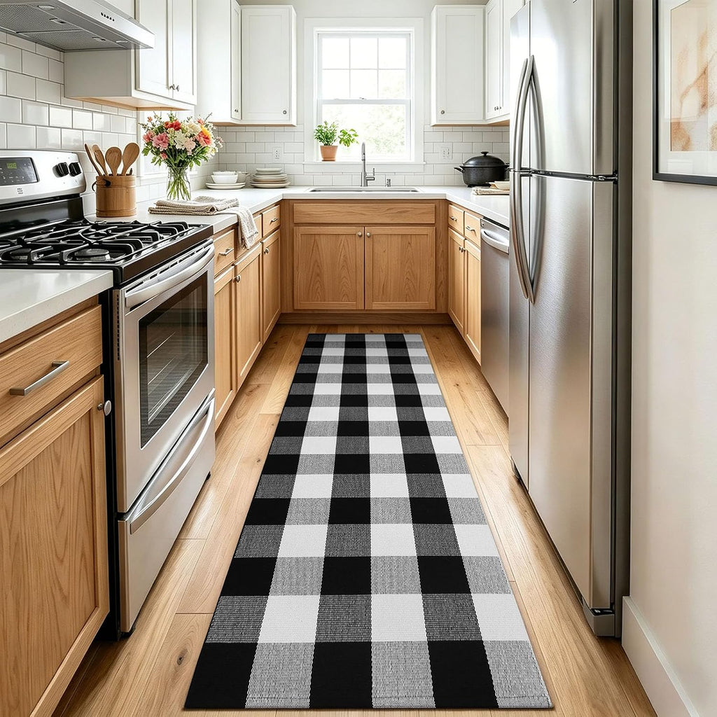 KOZYFLY Buffalo Plaid Rugs 2x6 Ft Runner Rug for Hallway, Black and White | Washable Kitchen Runner Rug, Woven Cotton Entryway Runner, Checkered Carpet Runners for Bedroom Living Room Farmhouse