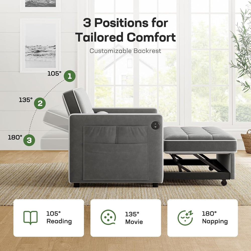 Marsail 3-in-1 Futon Sleeper Sofa Bed, Convertible Pull Out Couch, Grey