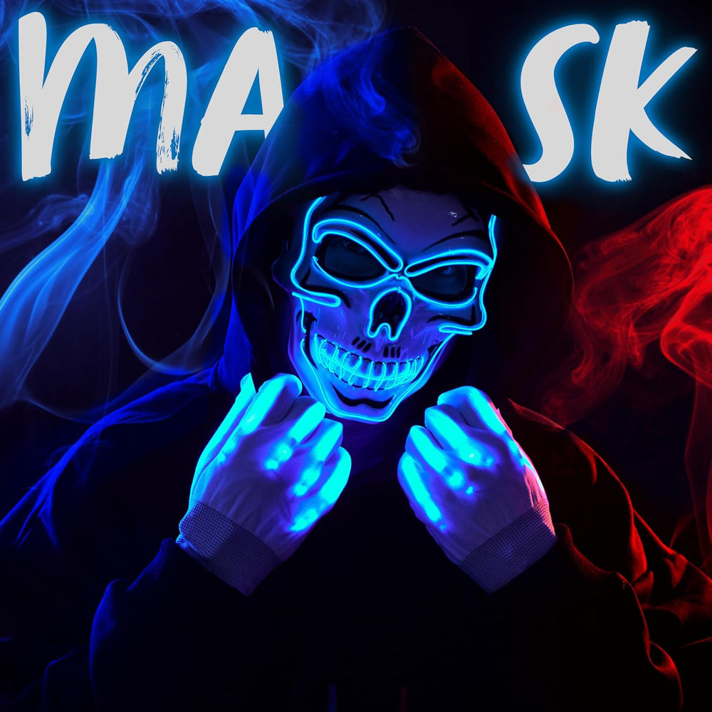 JOYIN Halloween LED Skull Mask with Light Up Gloves, Blue Scary Glow Up Skull...