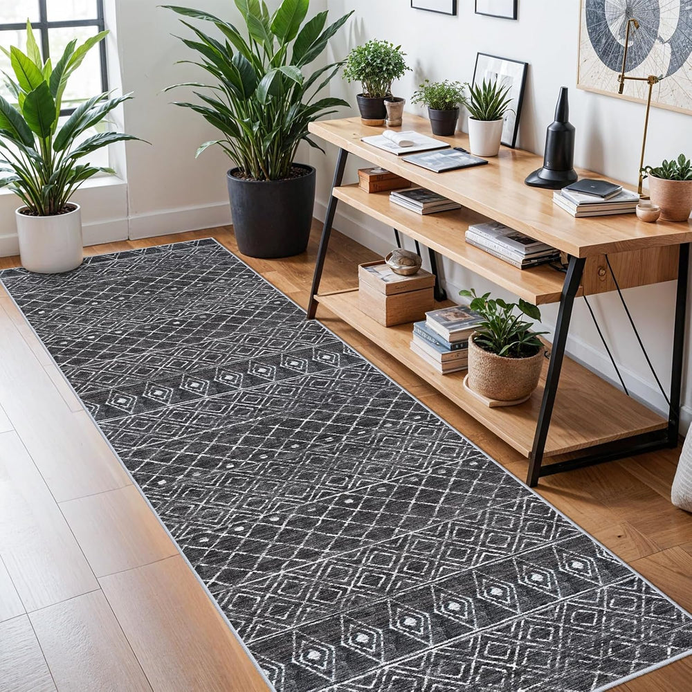 3x10 Washable Moroccan Non Skid Rug:Kitchen Runner Rugs for Hallways Black