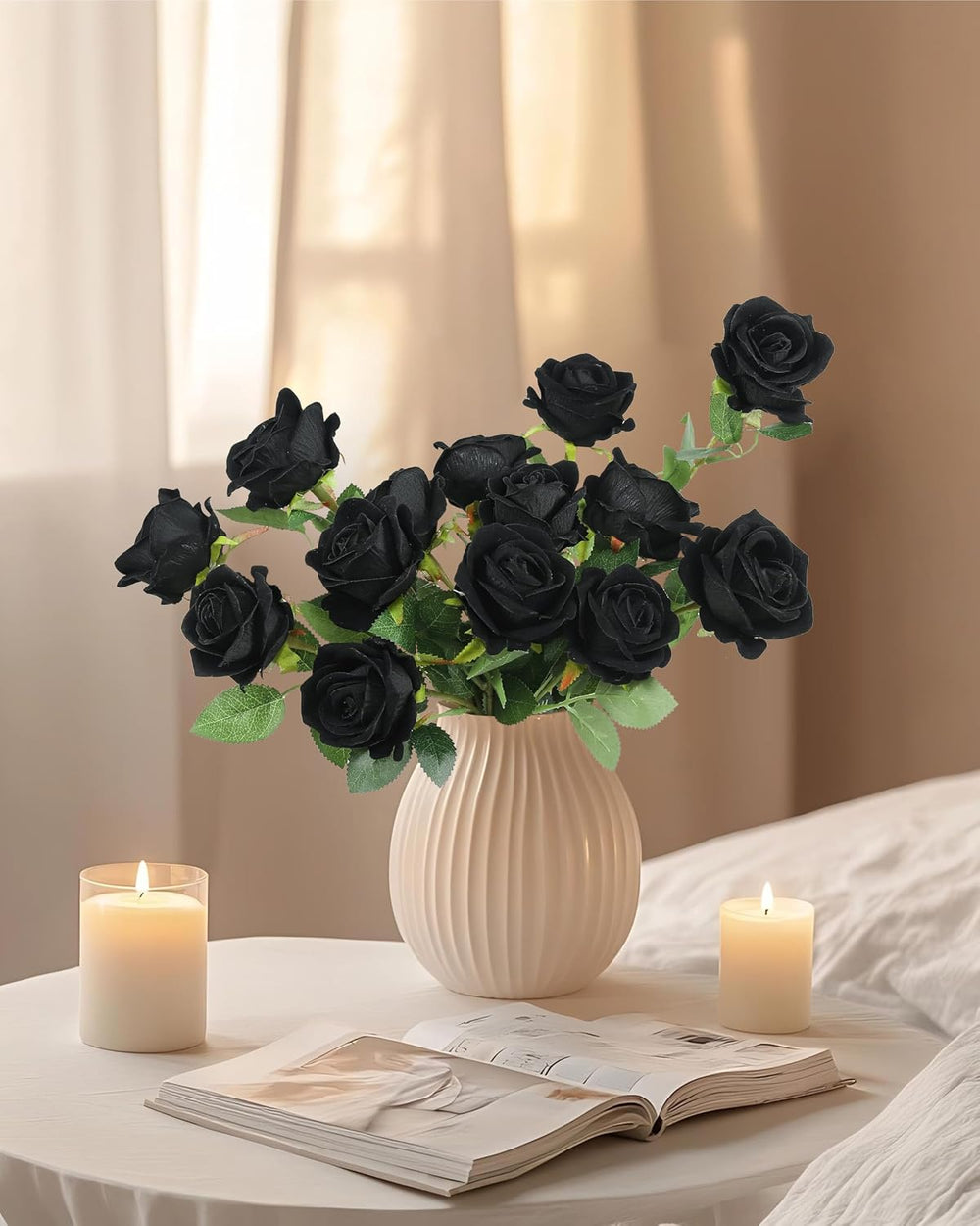 DuHouse 50Pcs Black Roses Velvet Silk Artificial Flowers Bulk