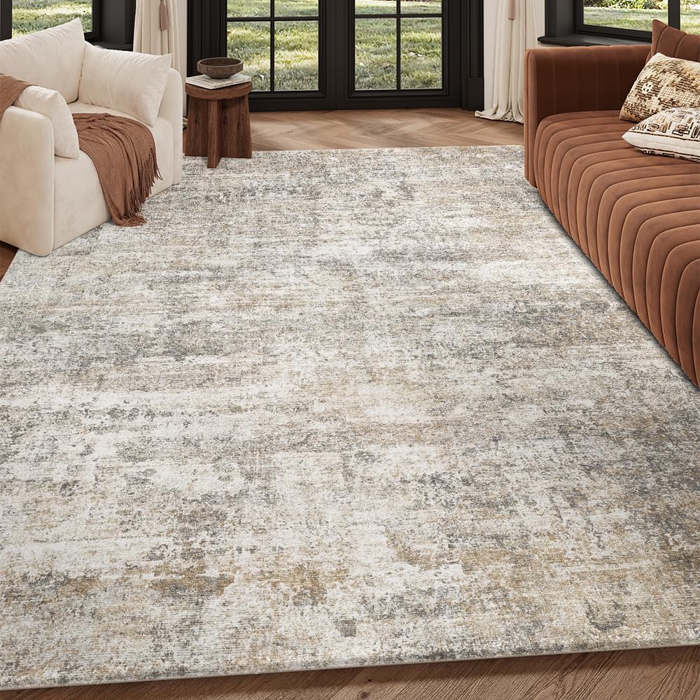 6x9 Grey Beige Washable Area Rug for Living Room, Vintage Print