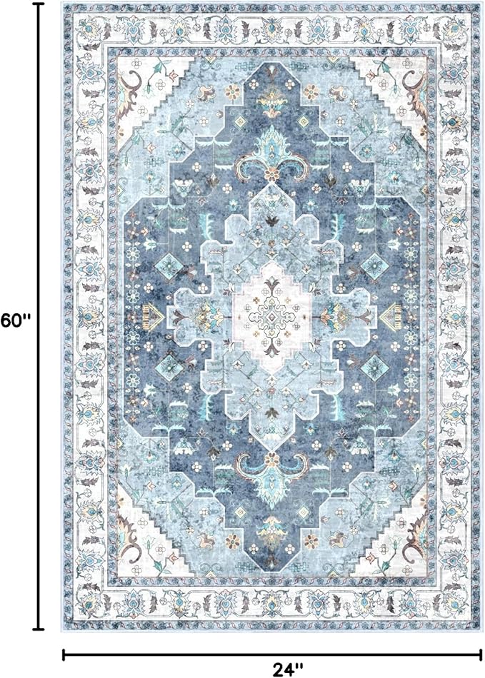 SERISSA Boho Washable Runner Rug, 2x5 Rug Non-Slip Vintage Blue Hallway Kitchen - Image 2